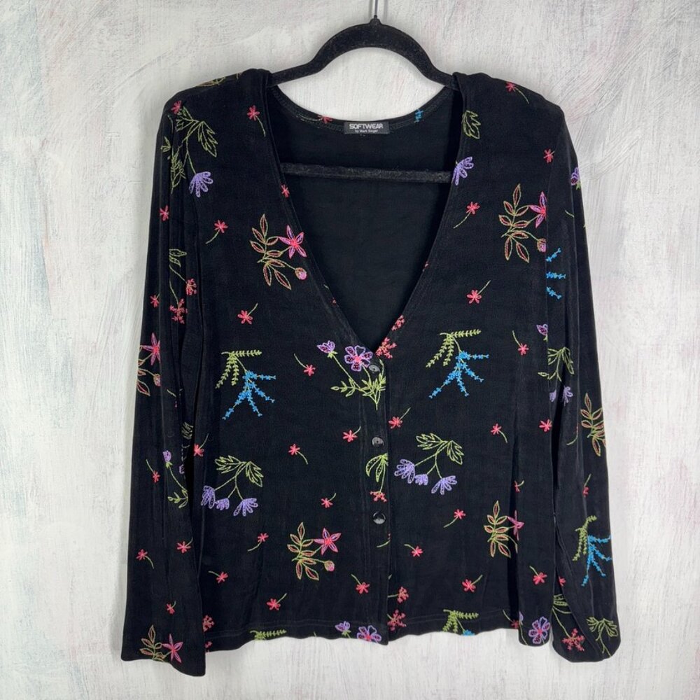 Mark Singer Softwear Women's Top Cardigan Black Floral Button Up XL travel